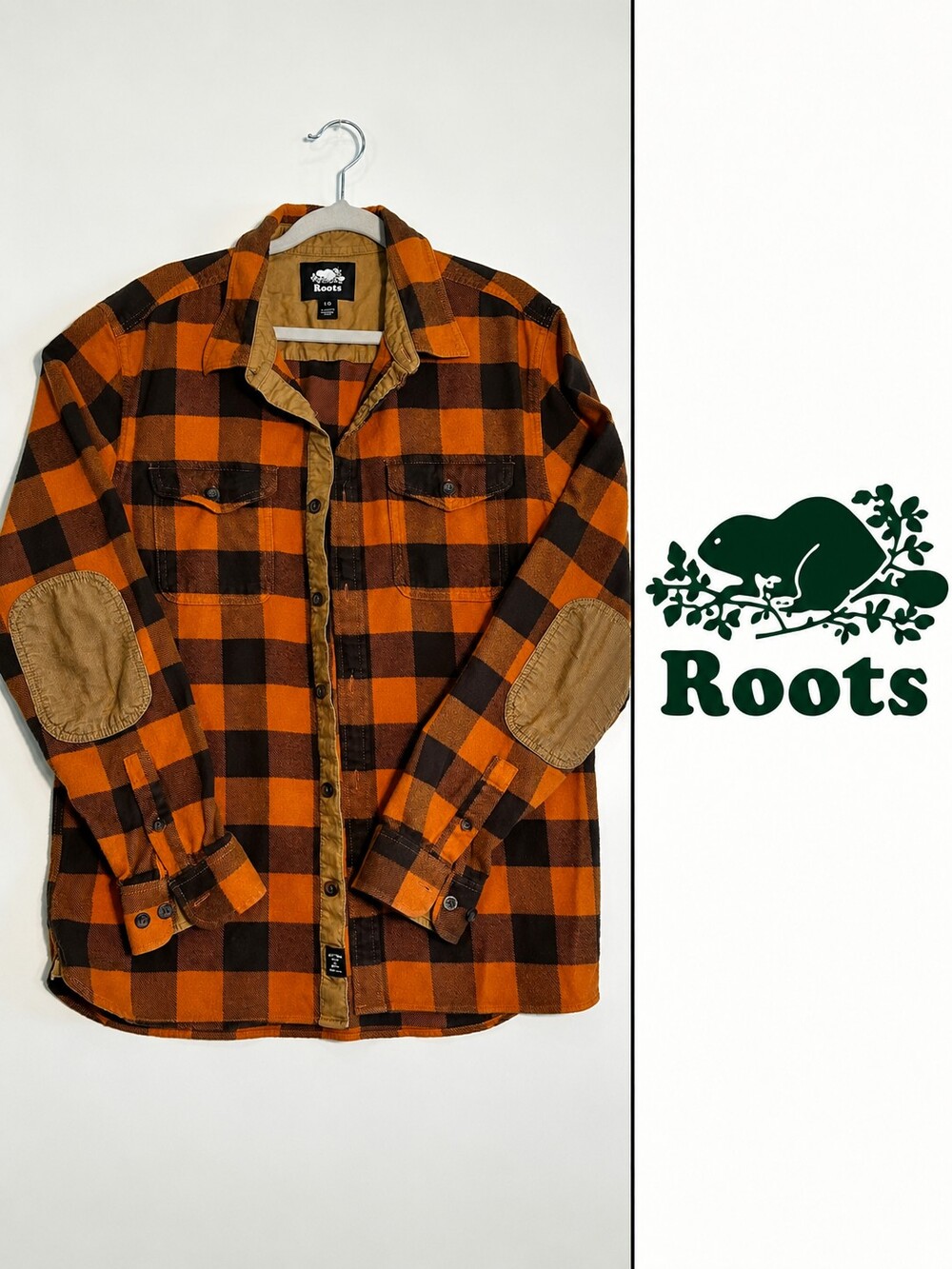 Roots Canada Buffalo Plaid Flannel Shirt Jacket Orange Brown Elbow Patches L